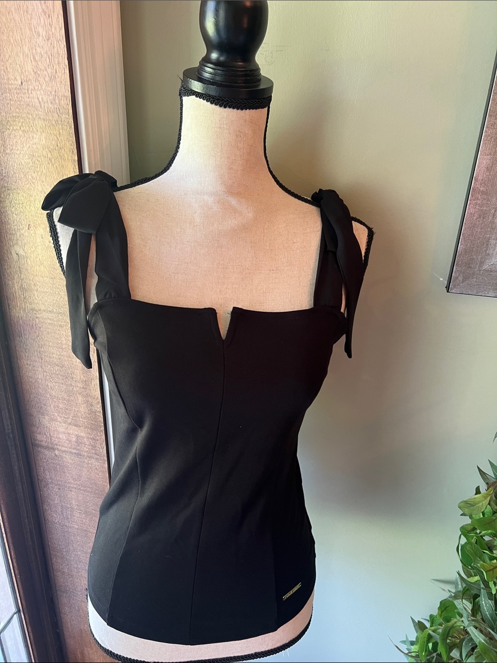 Nine West Black Tie-Shoulder Square Neck Tank Top